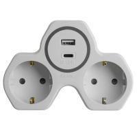 Разветвитель сетевой 2-местный с/з Stekker ADP16-15-20, 250V, 16A и USB+Type C на 2.4А, белый/серый 50071