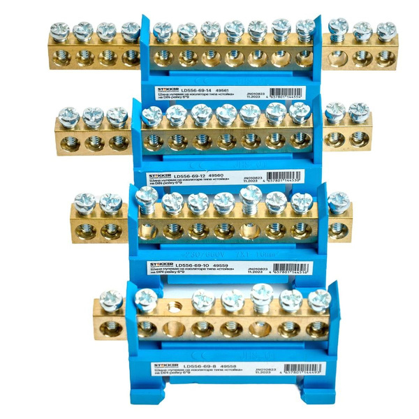 Шина "N" на изоляторе Stekker 6*9 тип "стойка" на DIN-рейку 10 выводов, синий, LD556-69-10 49559