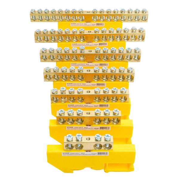 Шина "PE" Stekker на изоляторе 8*12 на DIN-рейку 6 выводов, желтый, LD555-812-6 49552