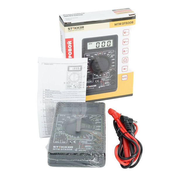 Мультиметр цифровой, портативный,1999 отсчетов, батарея крона, ручная регулировка, черный Stekker MTM DT830B 49992