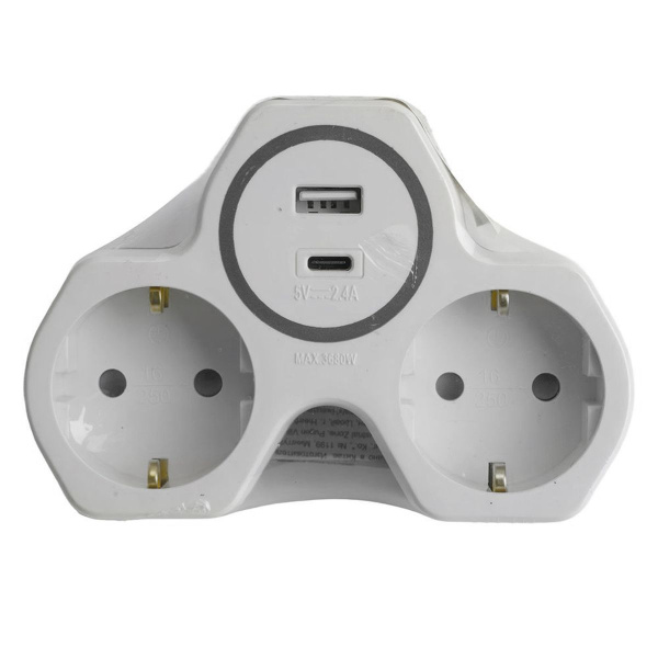 Разветвитель сетевой 2-местный с/з Stekker ADP16-15-20, 250V, 16A и USB+Type C на 2.4А, белый/серый 50071