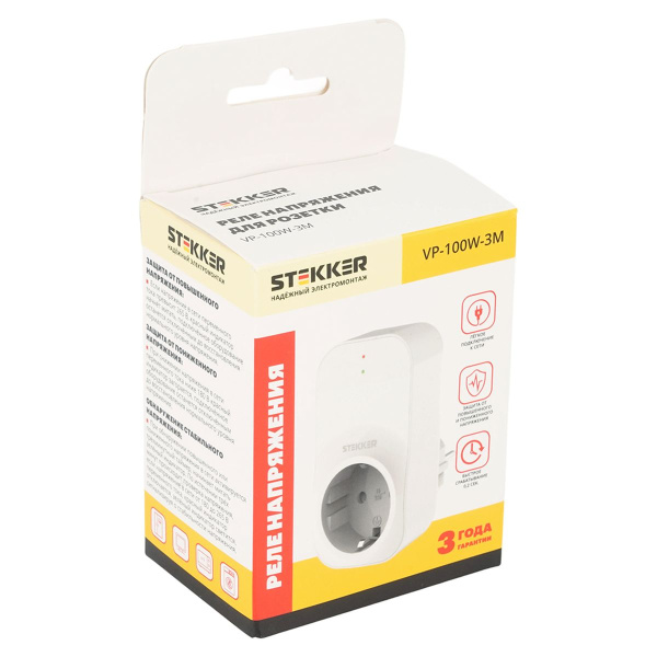 Реле напряжения для розетки Stekker VP-100W-3M, 230В, 16A,белый 50687