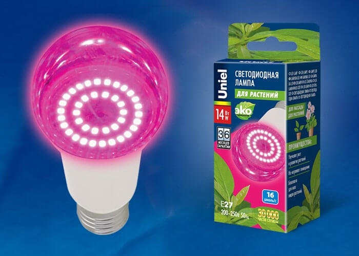 Лампа светодиодная для растений Uniel E27 14W прозрачная LED-A60-14W/SPSB/E27/CL PLP30WH UL-00006260 — изображение 2