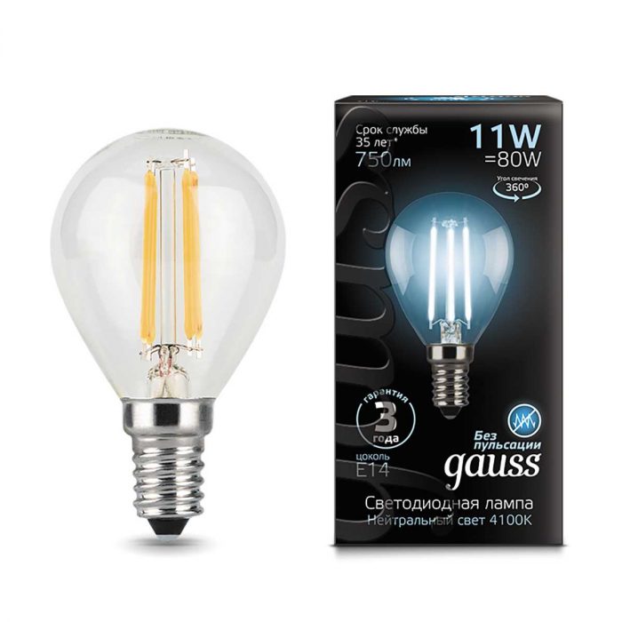 Лампа светодиодная филаментная Gauss E14 11W 4100К прозрачная 105801211 — изображение 4