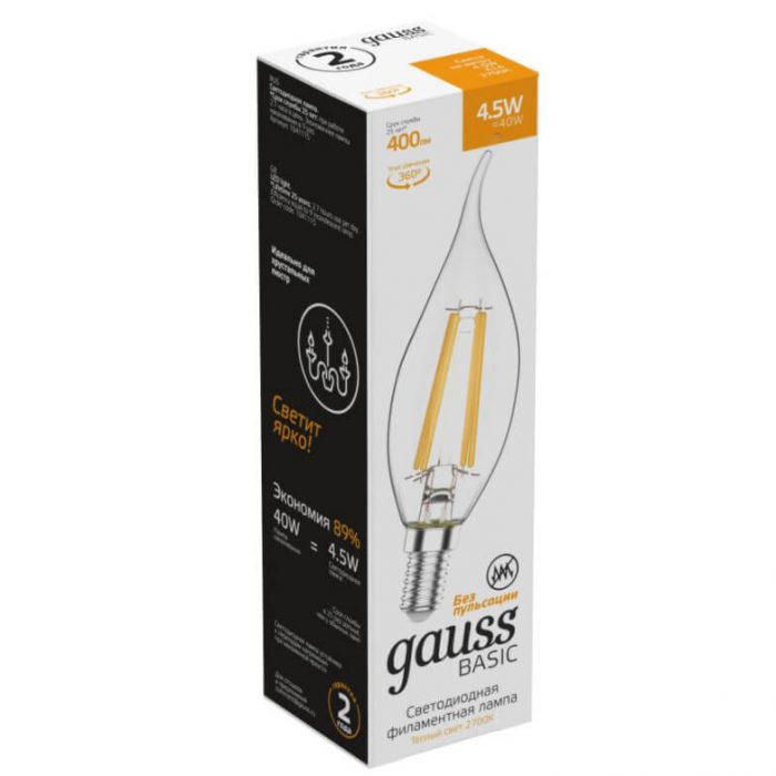 Лампа светодиодная филаментная Gauss E14 4,5W 2700K прозрачная 1041115 — изображение 5