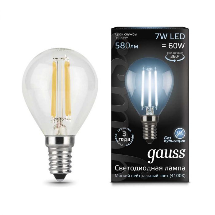 Лампа светодиодная филаментная Gauss E14 7W 4100К прозрачная 105801207 — изображение 4