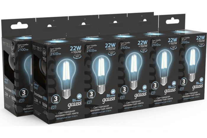 Лампа светодиодная филаментная Gauss E27 22W 4100K прозрачная 102902222 — изображение 3