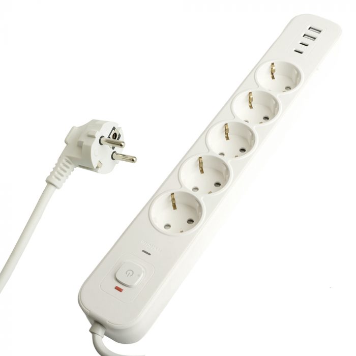 Сетевой фильтр 5-местный с/з STEKKER 3x1мм2, 5 м, 250В, 16А, 2 USB-A+2 Type-C 3, серия Nova, белый — изображение 2