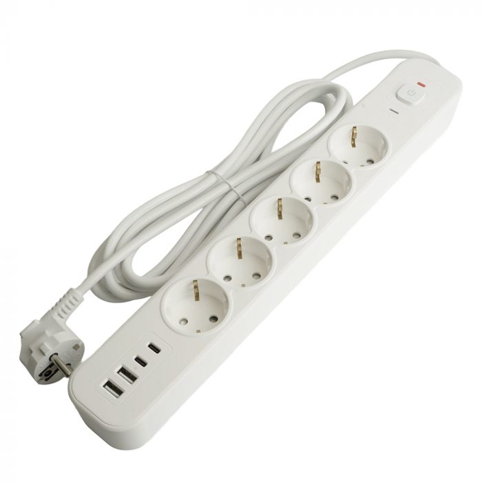 Сетевой фильтр 5-местный с/з STEKKER 3x1мм2, 5 м, 250В, 16А, 2 USB-A+2 Type-C 3, серия Nova, белый — изображение 5