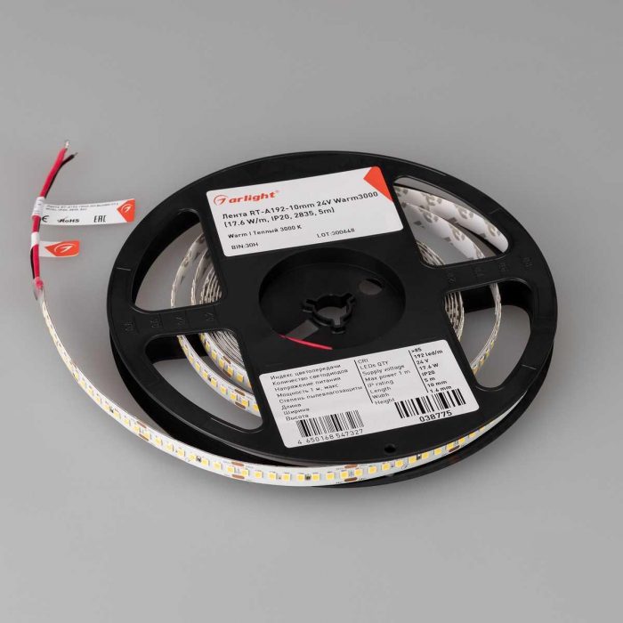 Светодиодная лента Arlight 17,6W/m 192LED/m 2835SMD теплый белый 5M RT-A192-10mm 24V Warm3000 038775 — изображение 4
